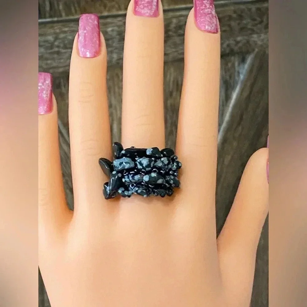 Black Dyed Quartz Handmade Seed Bead and Stone Chips Stretch Ring